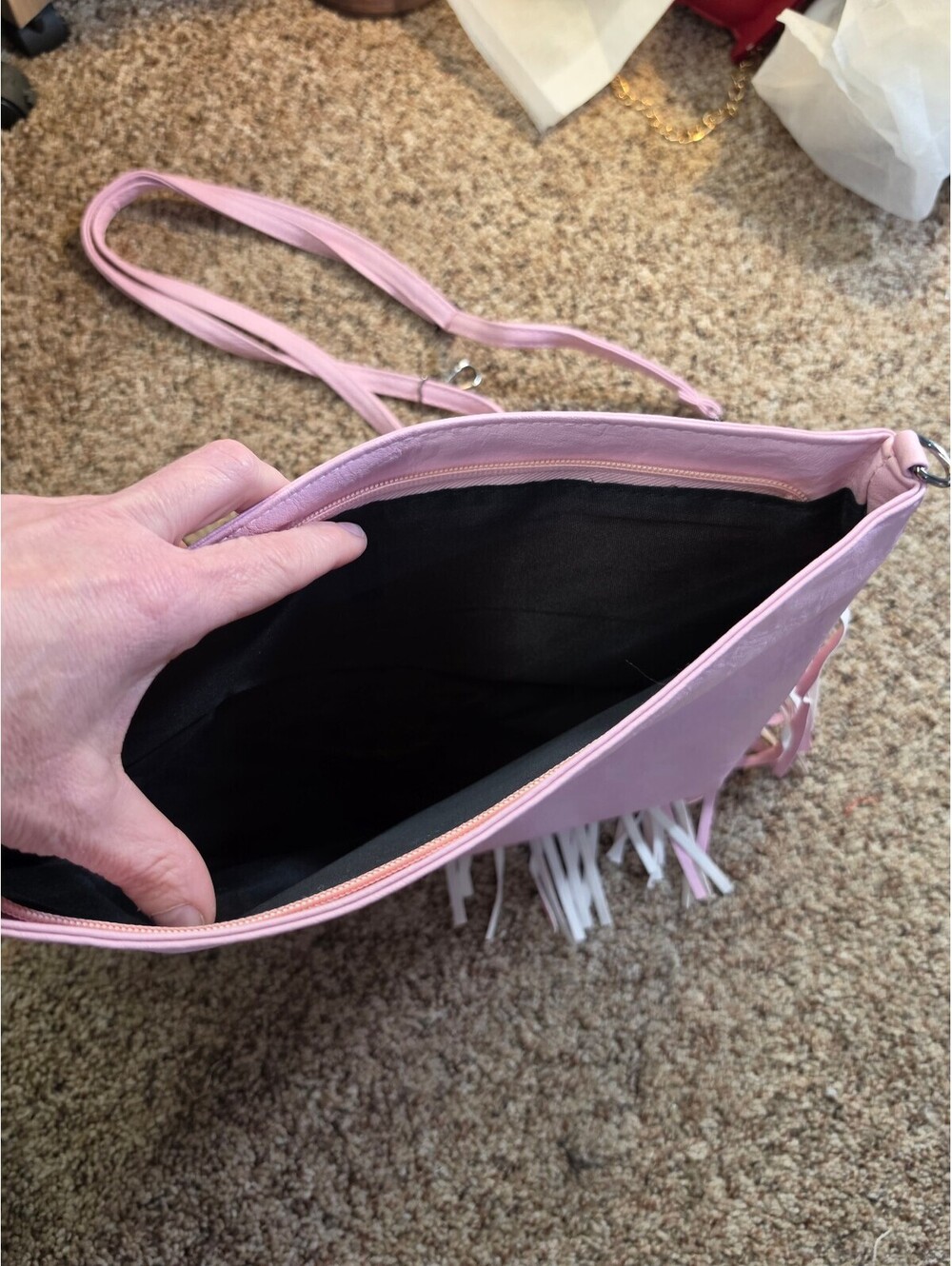 Pink Faux Leather Fringe Crossbody Bag with Studded Detail - Picture 2 of 9